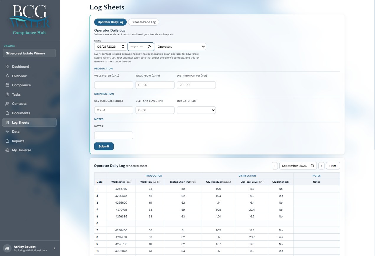 Compliance Hub Log Sheets screen