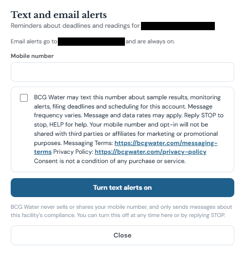 The Compliance Hub text alert opt-in screen: an unticked checkbox beside the disclosure, with client details redacted